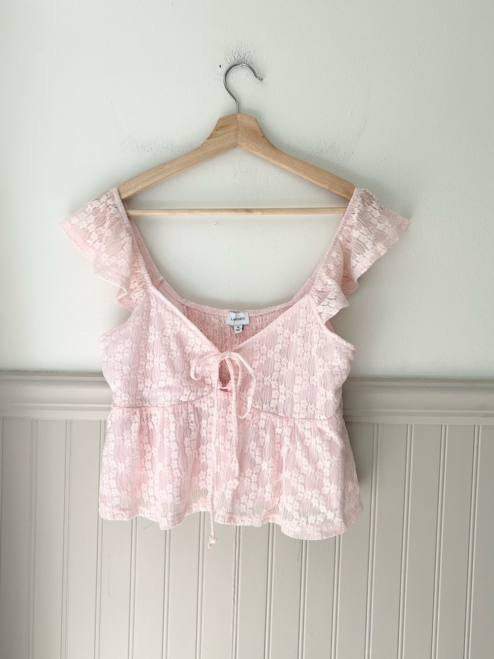 LA Hearts Light Pink Lace Tie Front Peplum Babydoll Top Ruffle Sleeve